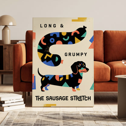 Long & Grumpy Dachshund, beige, black, blue abstract wall art on canvas displayed in a styled interior, gallery view 1