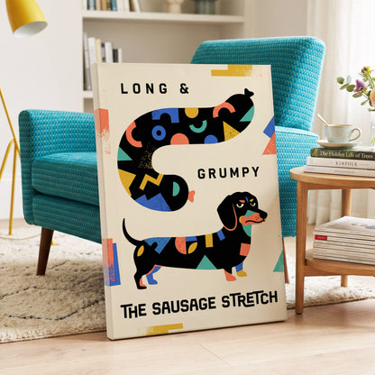 Long & Grumpy Dachshund, beige, black, blue abstract wall art on canvas displayed in a styled interior, gallery view 2