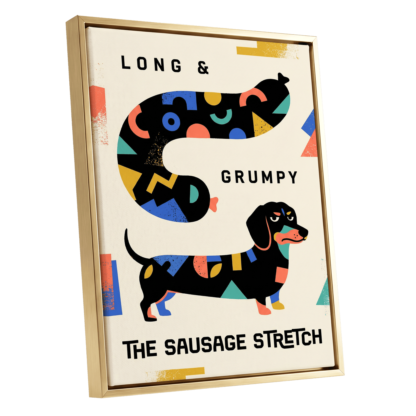 Long & Grumpy Dachshund, beige, black, blue abstract wall art shown as a gold framed canvas wall art