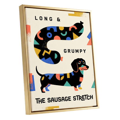 Long & Grumpy Dachshund, beige, black, blue abstract wall art shown as a gold framed canvas wall art