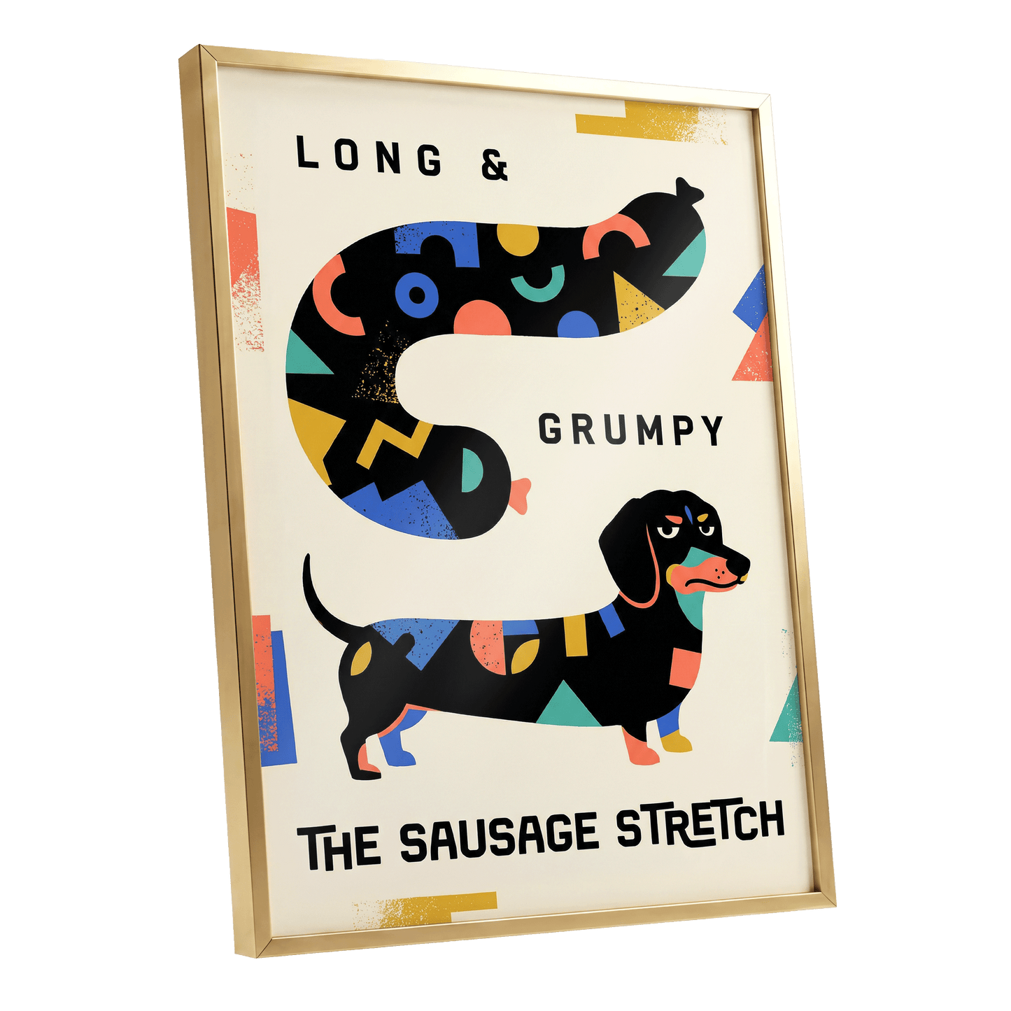 Long & Grumpy Dachshund, beige, black, blue abstract wall art shown as a gold framed poster wall art print
