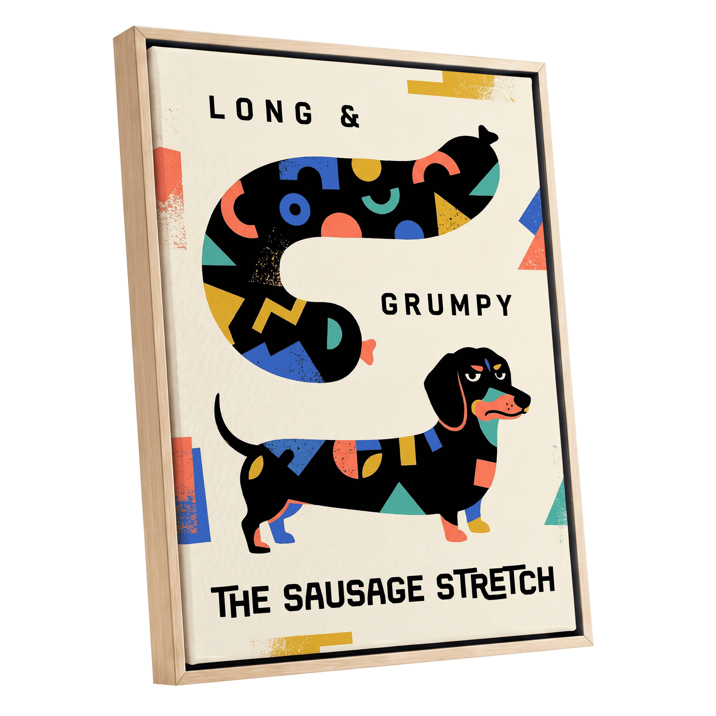 Long & Grumpy Dachshund, beige, black, blue abstract wall art shown as a oak framed canvas wall art