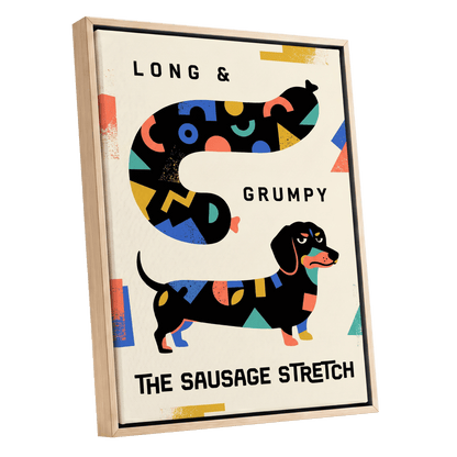 Long & Grumpy Dachshund, beige, black, blue abstract wall art shown as a oak framed canvas wall art