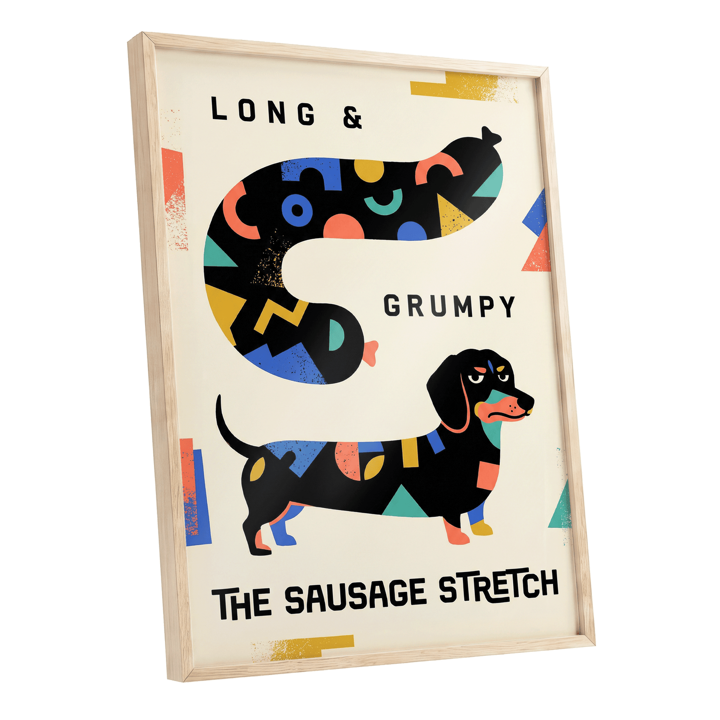Long & Grumpy Dachshund, beige, black, blue abstract wall art shown as a oak framed poster wall art print