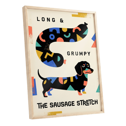 Long & Grumpy Dachshund, beige, black, blue abstract wall art shown as a oak framed poster wall art print