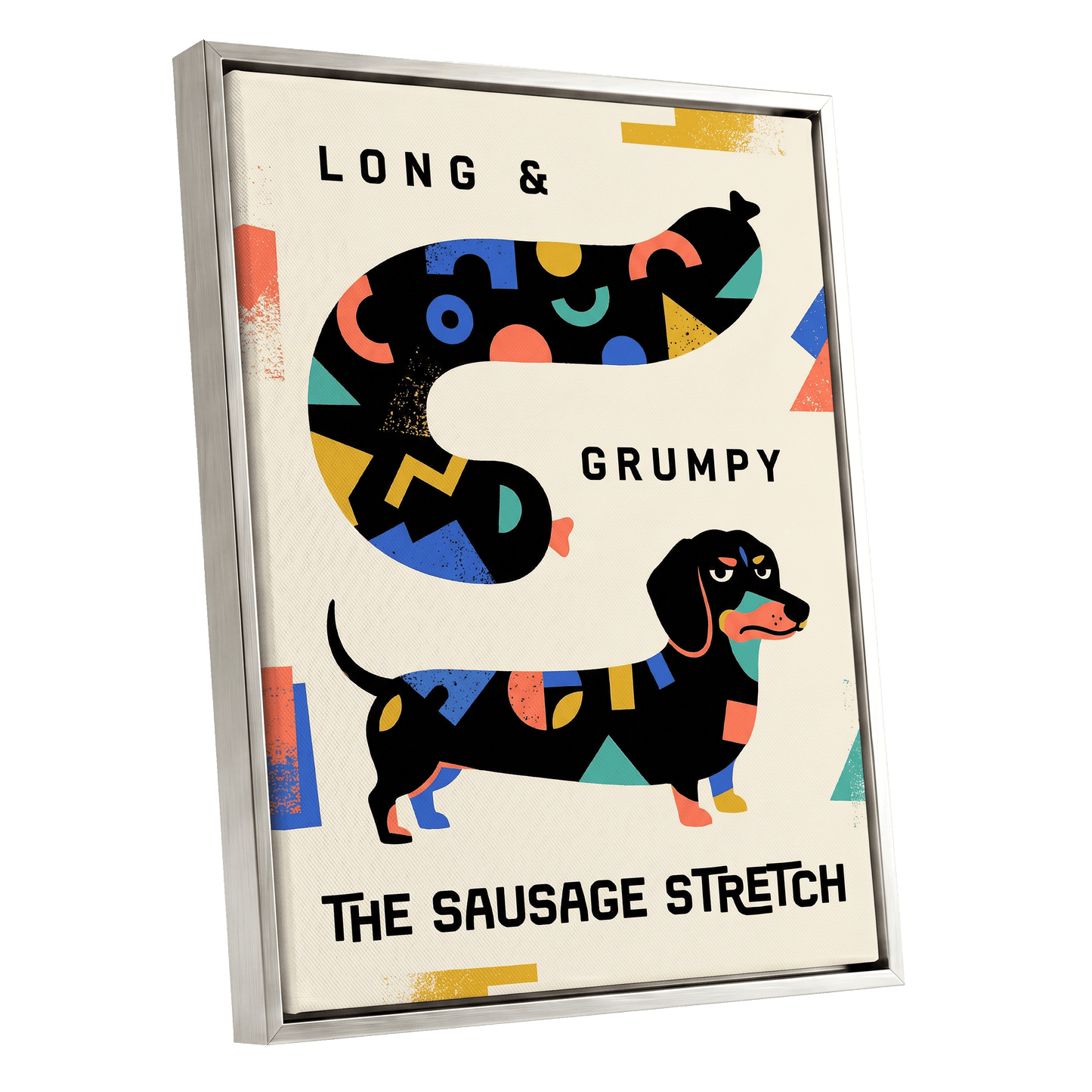Long & Grumpy Dachshund, beige, black, blue abstract wall art shown as a silver framed canvas wall art