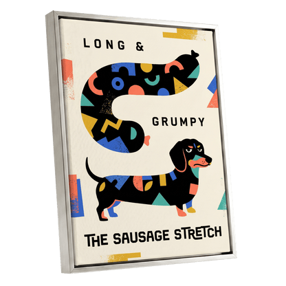Long & Grumpy Dachshund, beige, black, blue abstract wall art shown as a silver framed canvas wall art