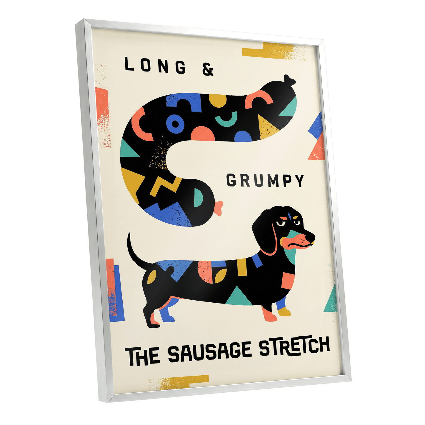 Long & Grumpy Dachshund, beige, black, blue abstract wall art shown as a silver framed poster wall art print