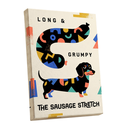 Long & Grumpy Dachshund, beige, black, blue abstract wall art shown as a stretched canvas wall art