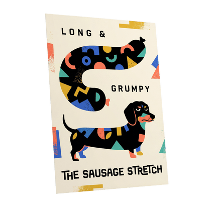 Long & Grumpy Dachshund, beige, black, blue abstract wall art shown as a unframed poster wall art print
