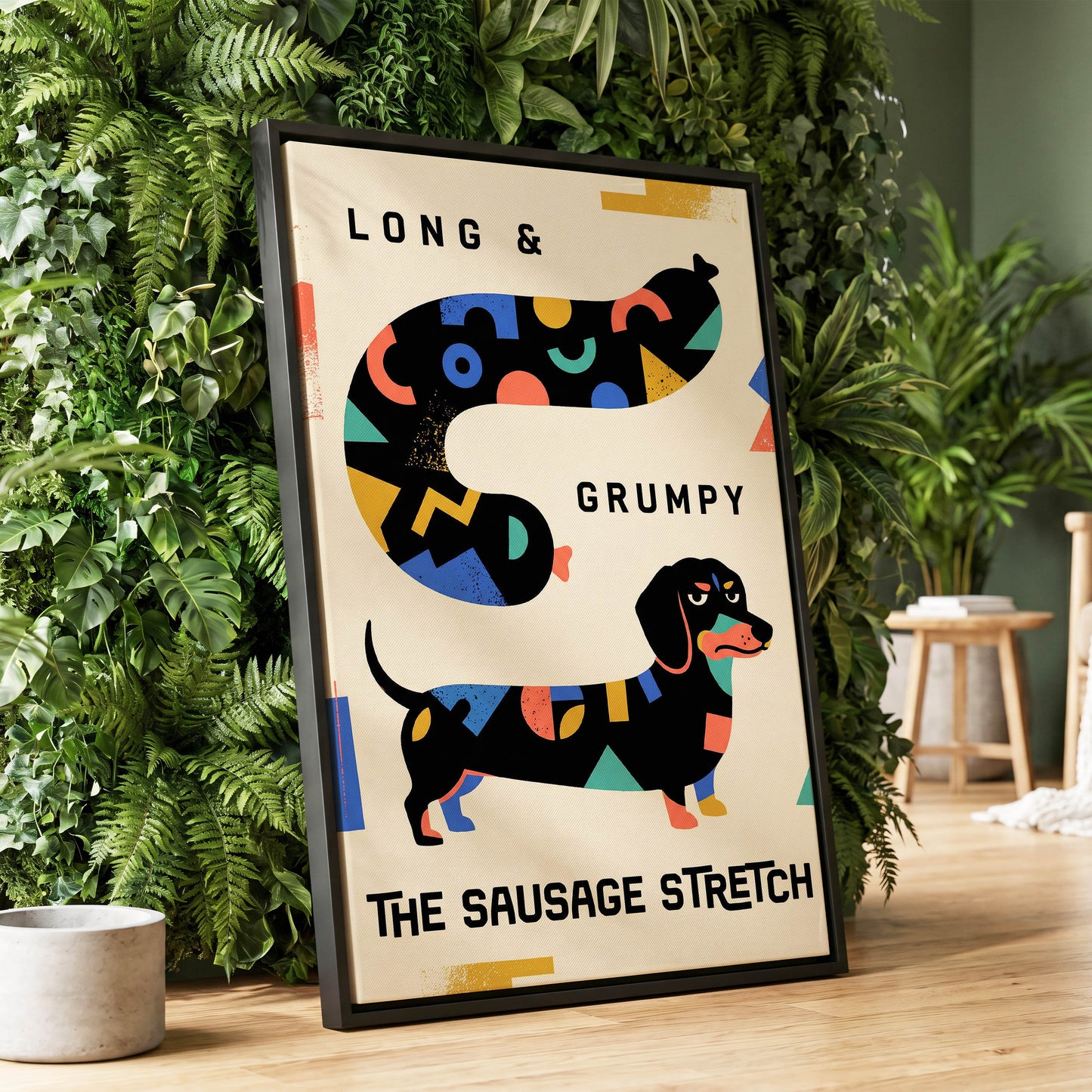 Long & Grumpy Dachshund, beige, black, blue abstract wall art displayed in a styled interior, gallery view 1