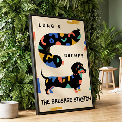 Long & Grumpy Dachshund, beige, black, blue abstract wall art displayed in a styled interior, gallery view 1