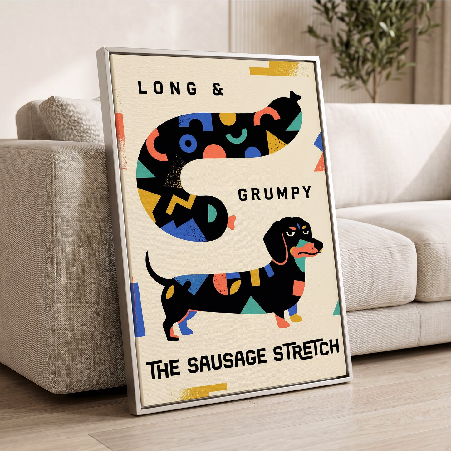 Long & Grumpy Dachshund, beige, black, blue abstract wall art displayed in a styled interior, gallery view 2
