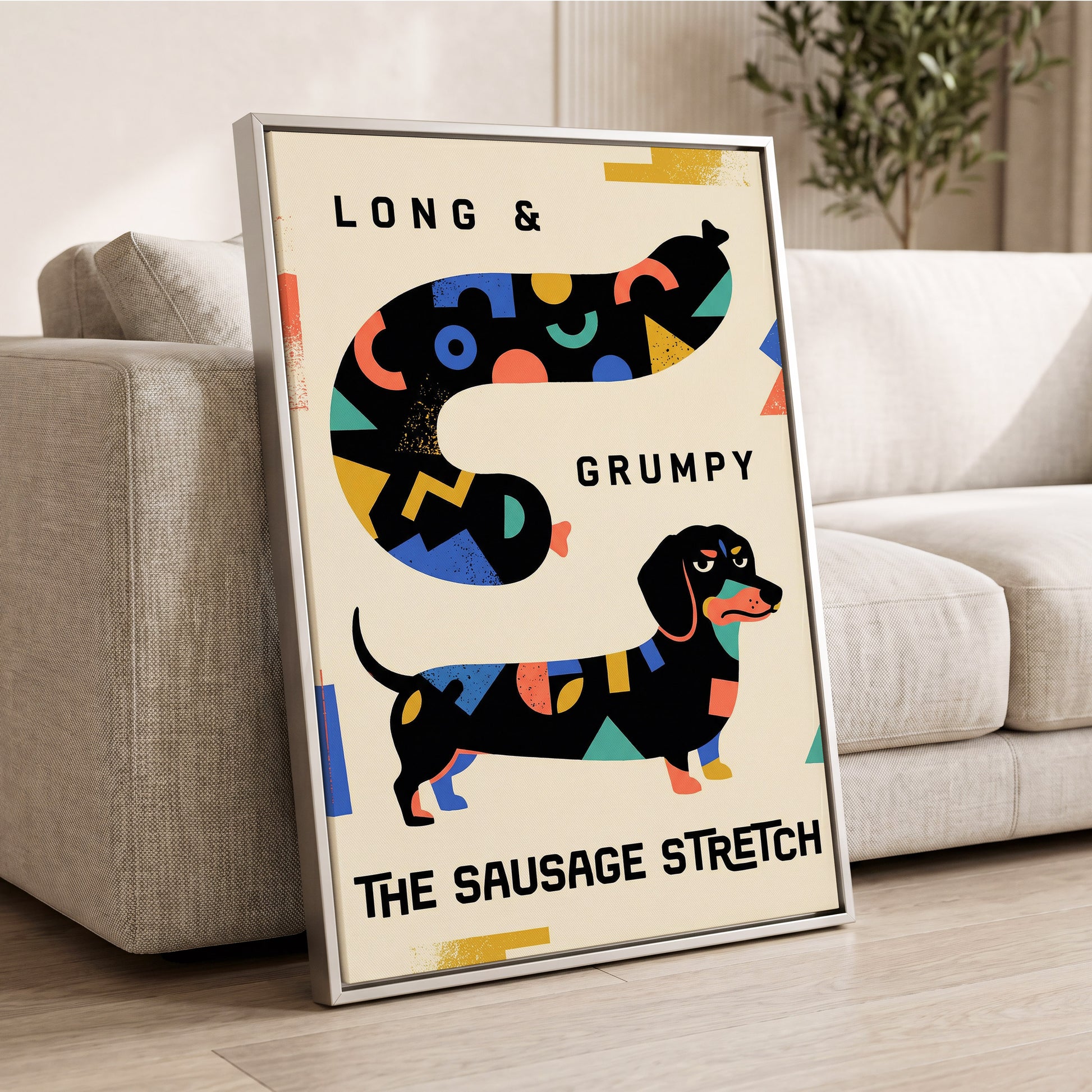 Long & Grumpy Dachshund, beige, black, blue abstract wall art displayed in a styled interior, gallery view 2