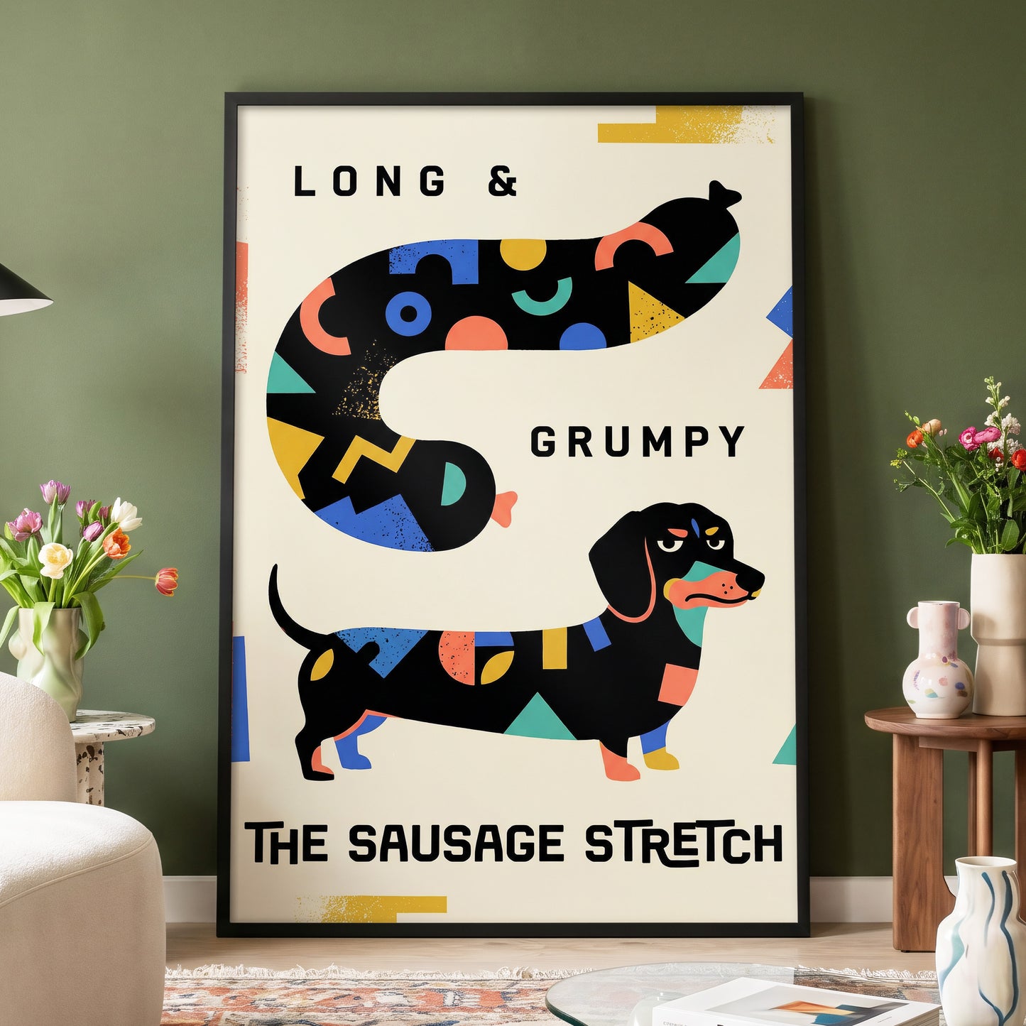 Long & Grumpy Dachshund, beige, black, blue abstract wall art displayed in a styled interior, gallery view 4