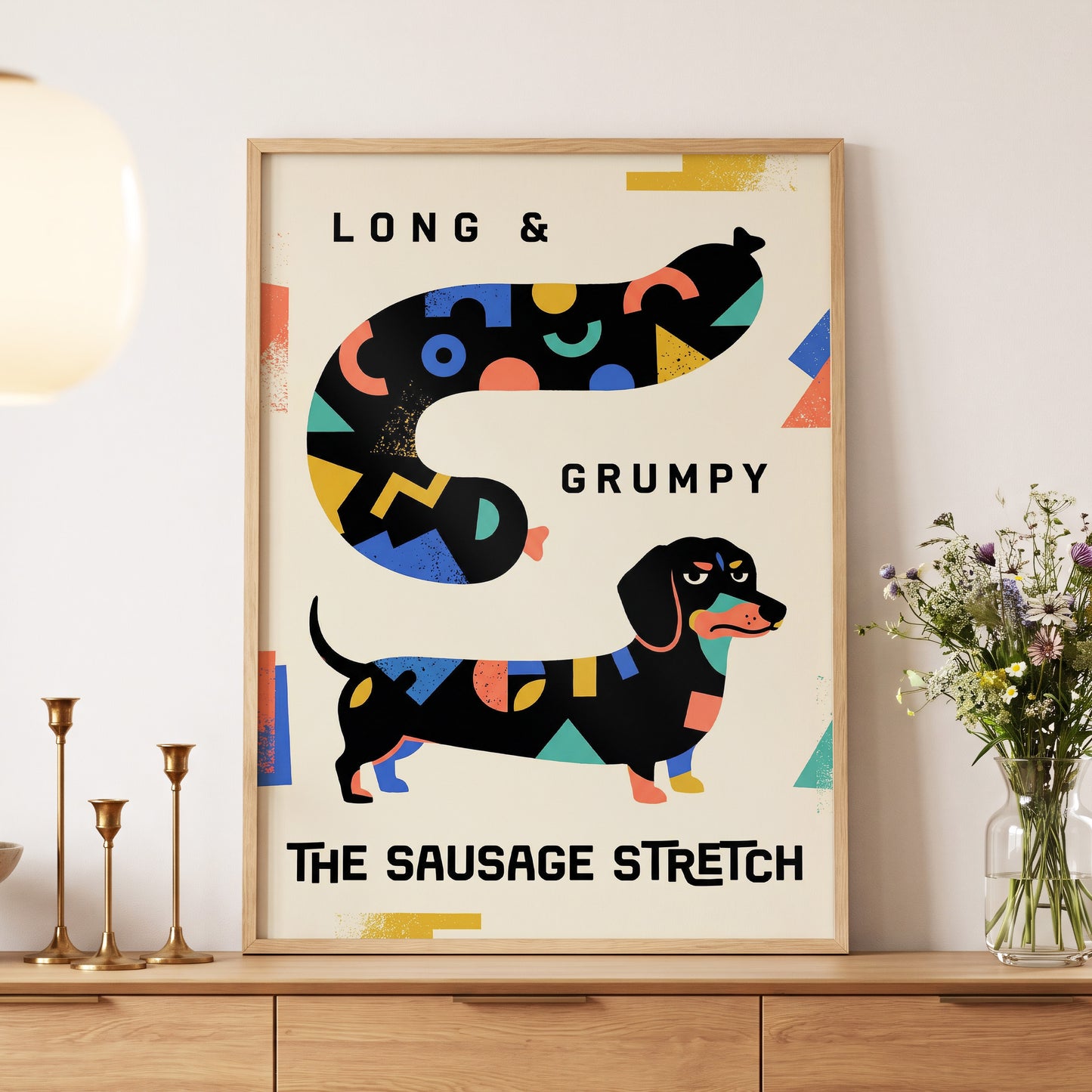 Long & Grumpy Dachshund, beige, black, blue abstract wall art displayed in a styled interior, gallery view 5
