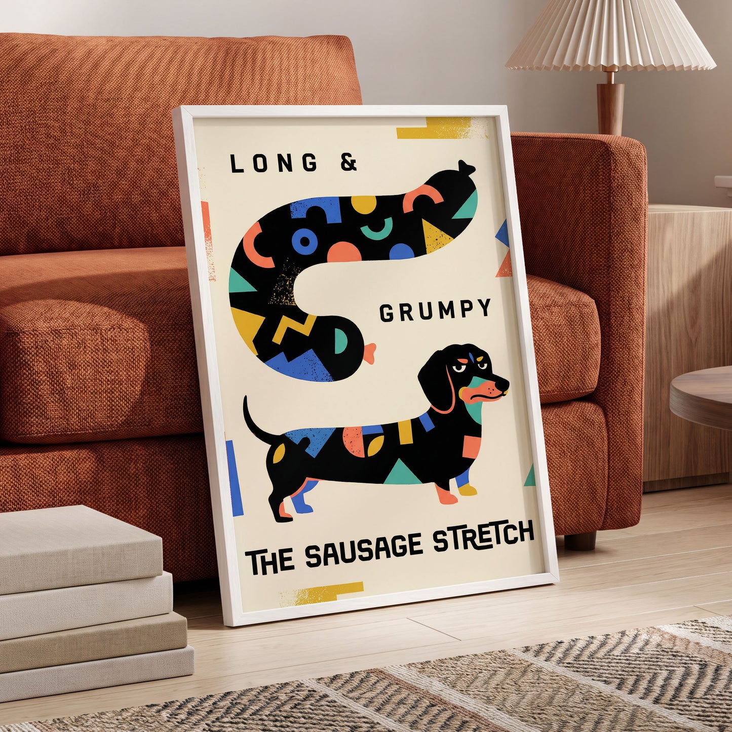 Long & Grumpy Dachshund, beige, black, blue abstract wall art displayed in a styled interior, gallery view 6