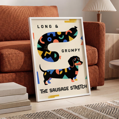 Long & Grumpy Dachshund, beige, black, blue abstract wall art displayed in a styled interior, gallery view 6