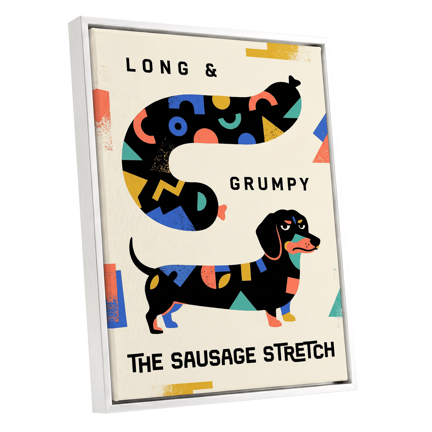 Long & Grumpy Dachshund, beige, black, blue abstract wall art shown as a white framed canvas wall art