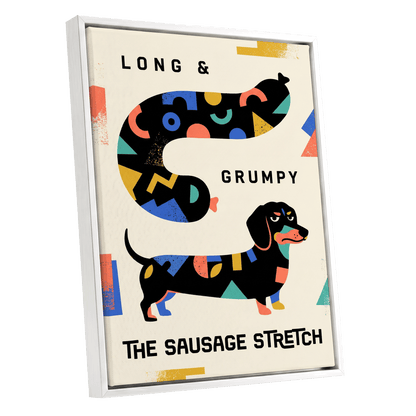Long & Grumpy Dachshund, beige, black, blue abstract wall art shown as a white framed canvas wall art
