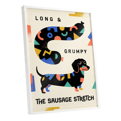 Long & Grumpy Dachshund, beige, black, blue abstract wall art shown as a white framed poster wall art print