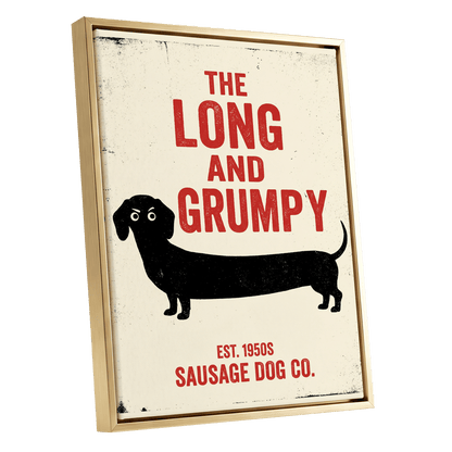 Long & Grumpy, black, beige, red minimalist wall art shown as a gold framed canvas wall art