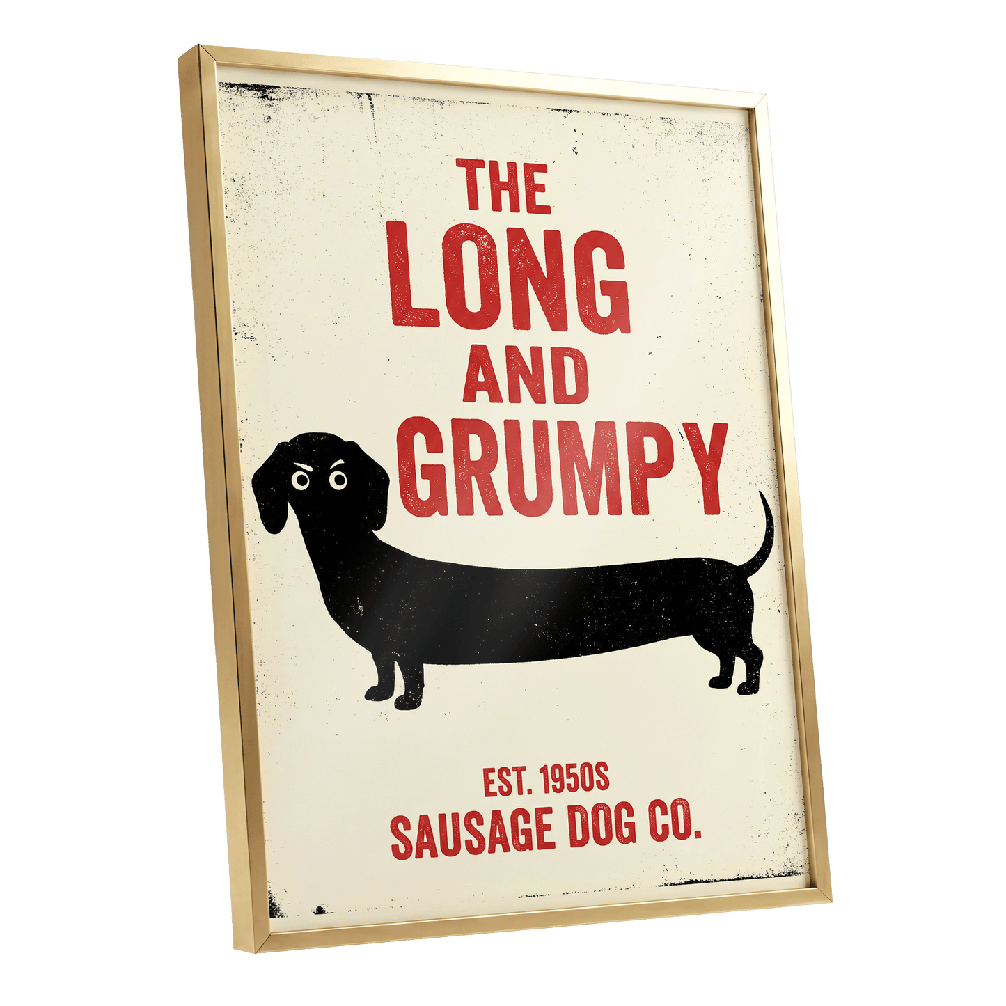 Long & Grumpy, black, beige, red minimalist wall art shown as a gold framed poster wall art print