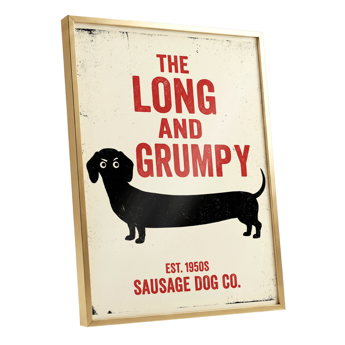 Long & Grumpy, black, beige, red minimalist wall art shown as a gold framed poster wall art print