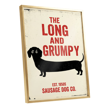Long & Grumpy, black, beige, red minimalist wall art shown as a gold framed poster wall art print