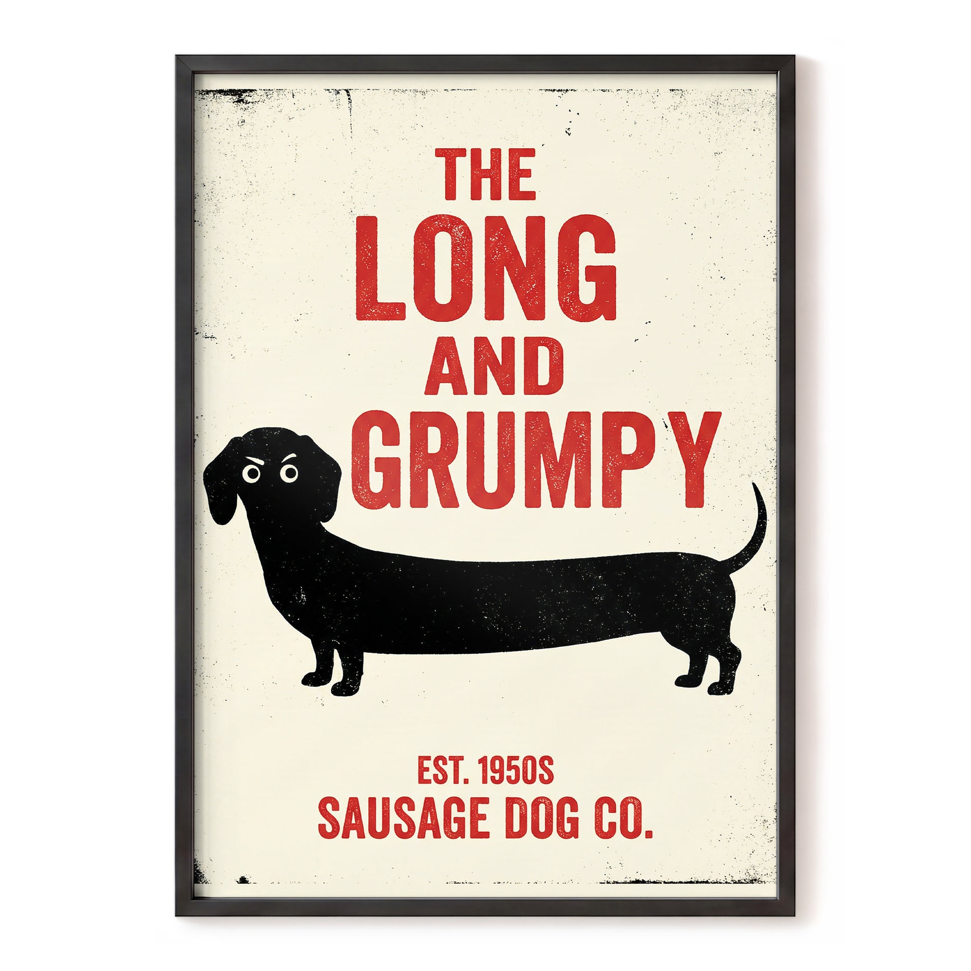 Long & Grumpy, black, beige, red minimalist wall art, front artwork view