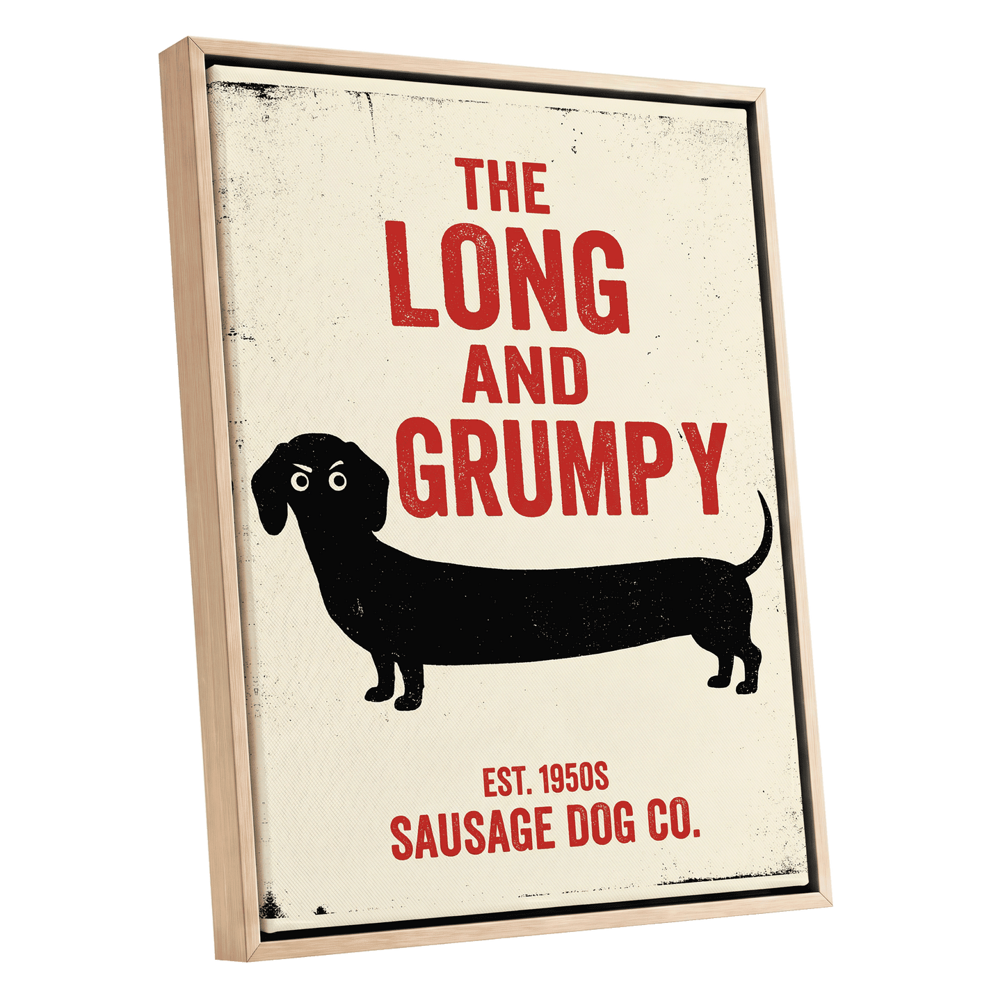Long & Grumpy, black, beige, red minimalist wall art shown as a oak framed canvas wall art