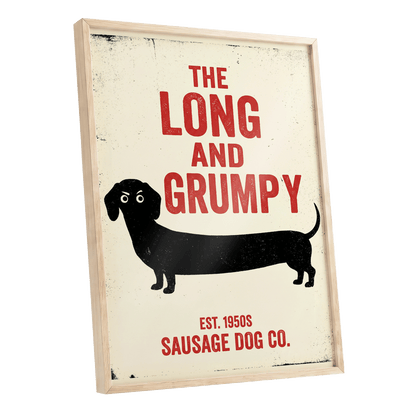 Long & Grumpy, black, beige, red minimalist wall art shown as a oak framed poster wall art print