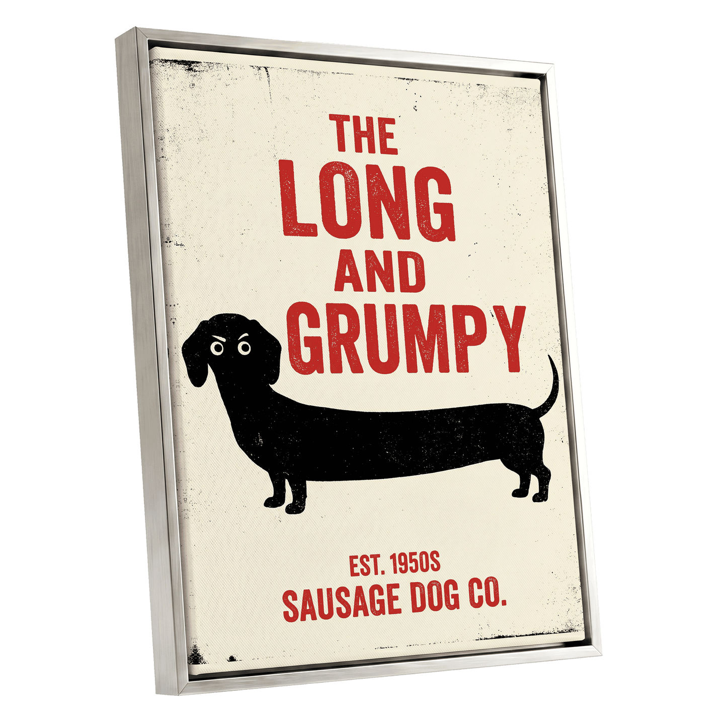 Long & Grumpy, black, beige, red minimalist wall art shown as a silver framed canvas wall art