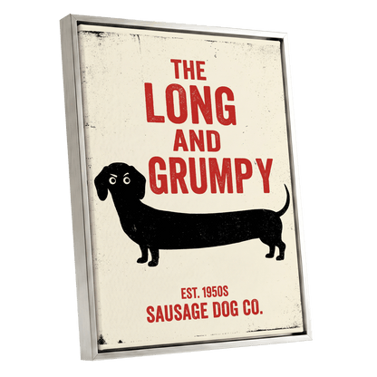 Long & Grumpy, black, beige, red minimalist wall art shown as a silver framed canvas wall art