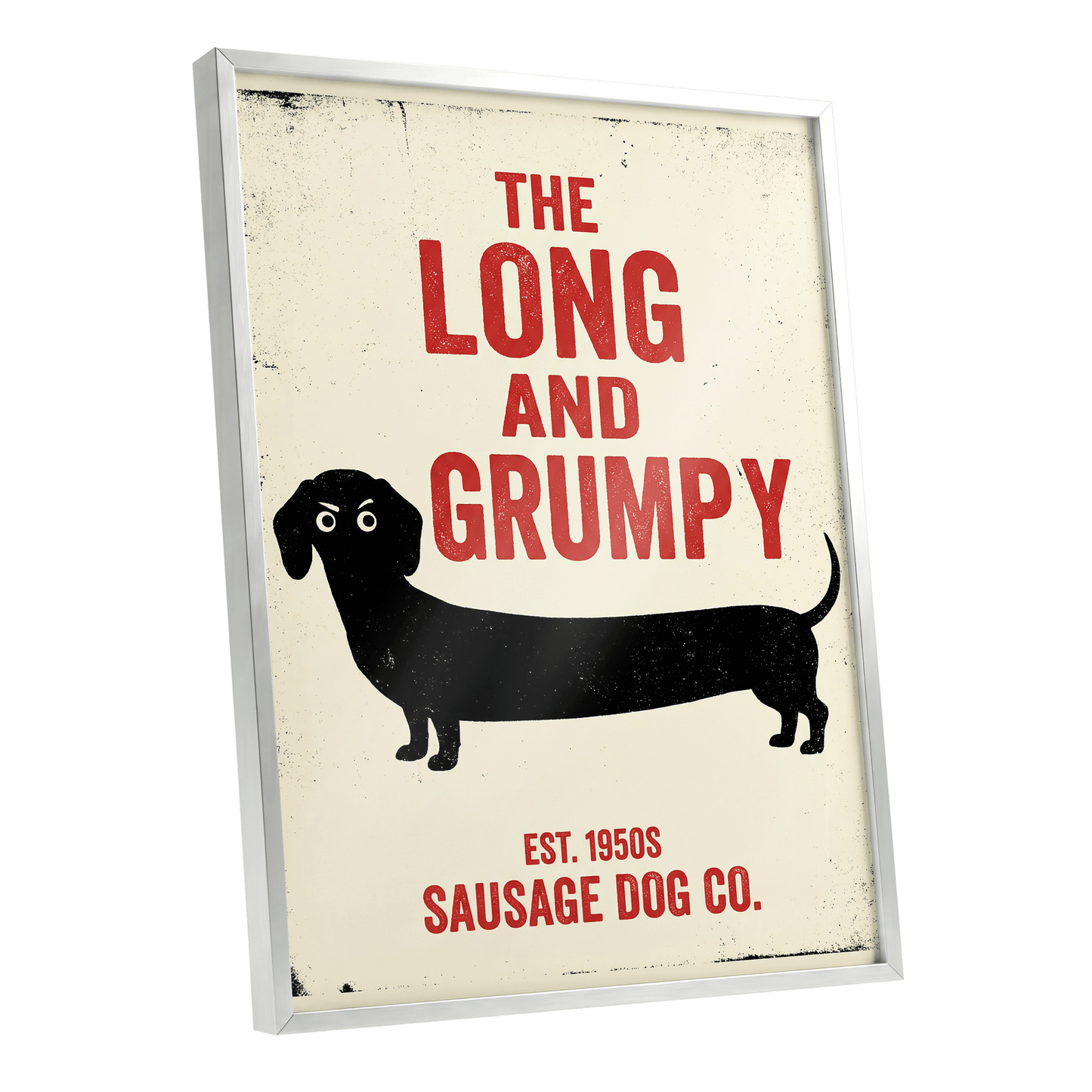 Long & Grumpy, black, beige, red minimalist wall art shown as a silver framed poster wall art print