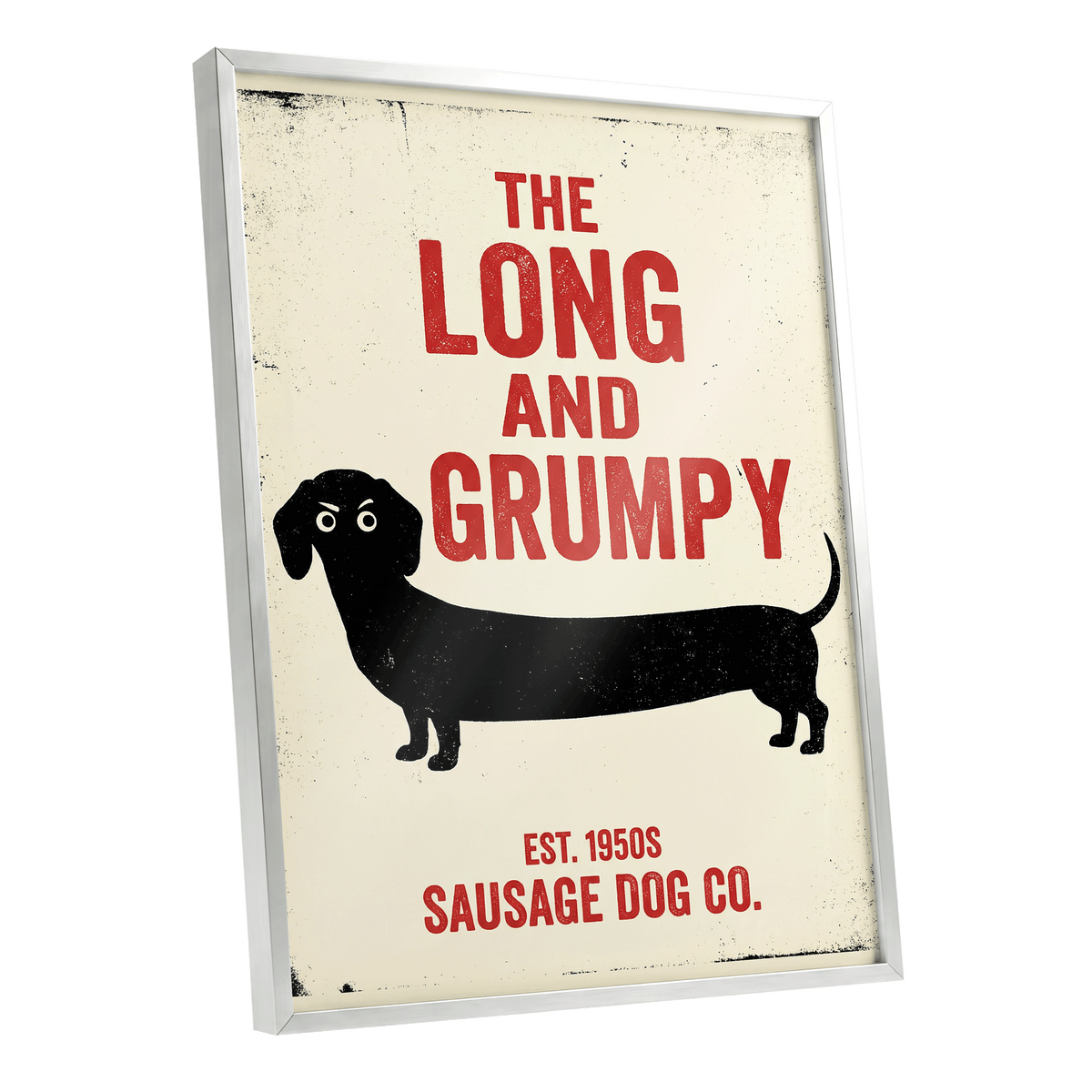 Long & Grumpy, black, beige, red minimalist wall art shown as a silver framed poster wall art print
