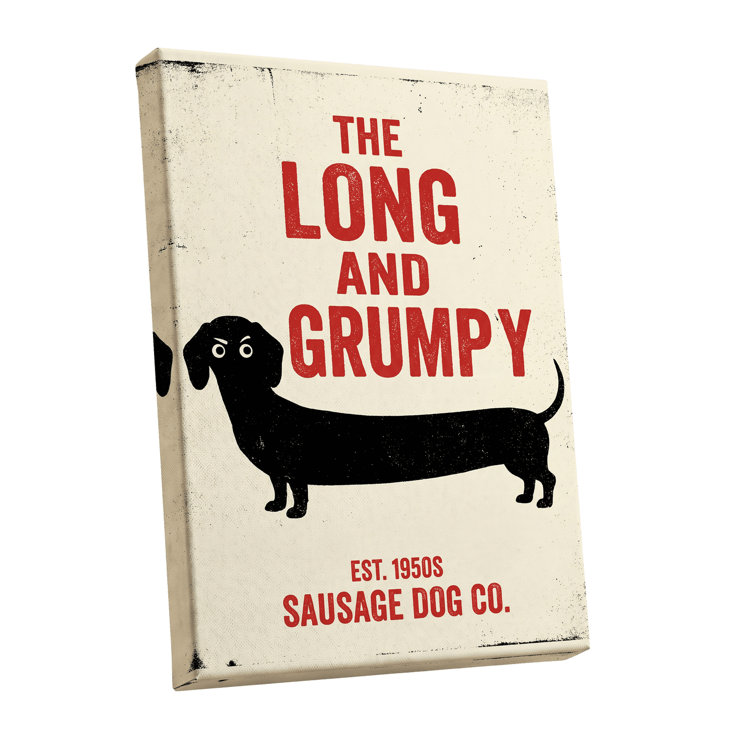 Long & Grumpy, black, beige, red minimalist wall art shown as a stretched canvas wall art