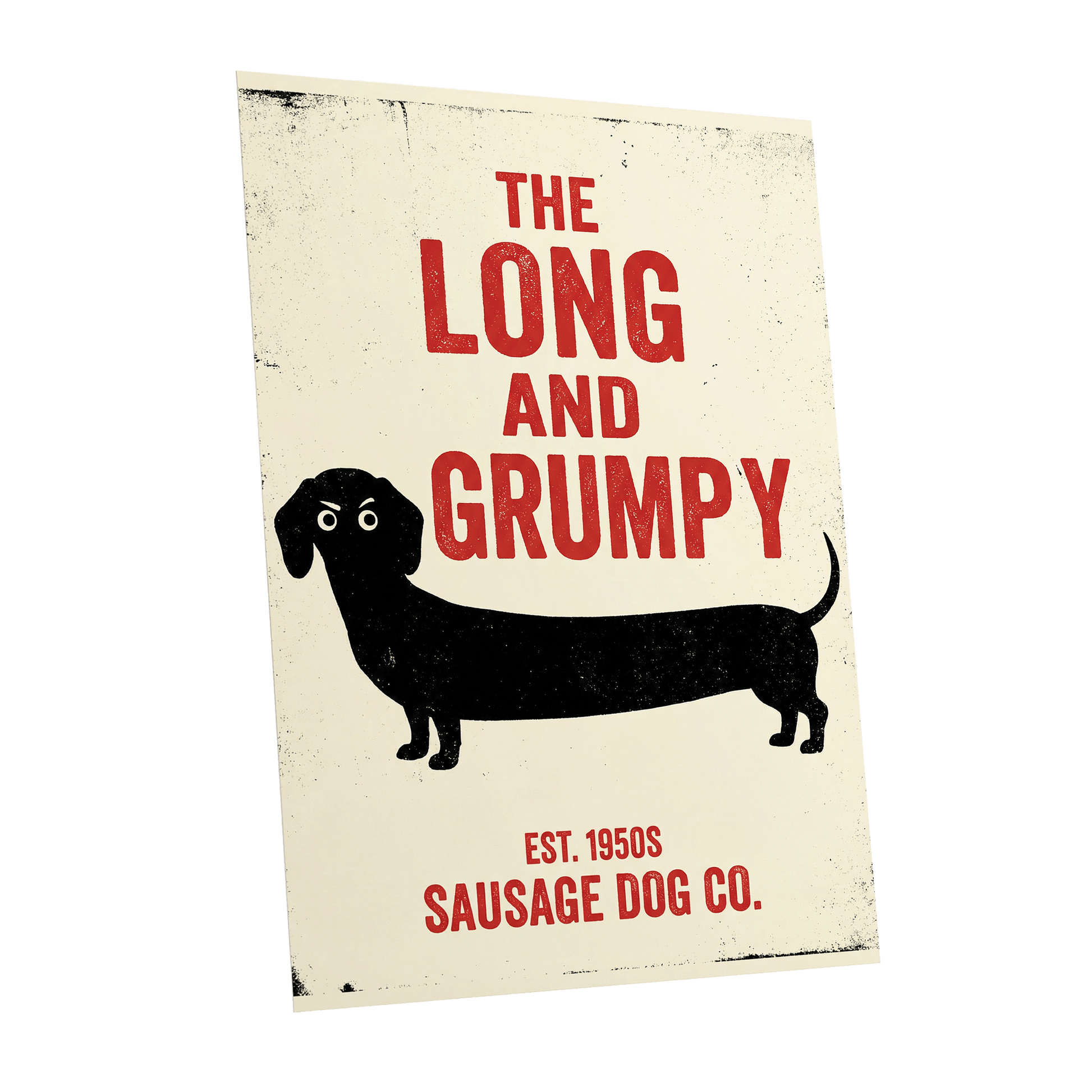 Long & Grumpy, black, beige, red minimalist wall art shown as a unframed poster wall art print