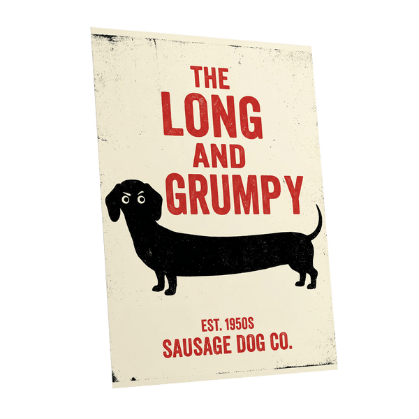Long & Grumpy, black, beige, red minimalist wall art shown as a unframed poster wall art print