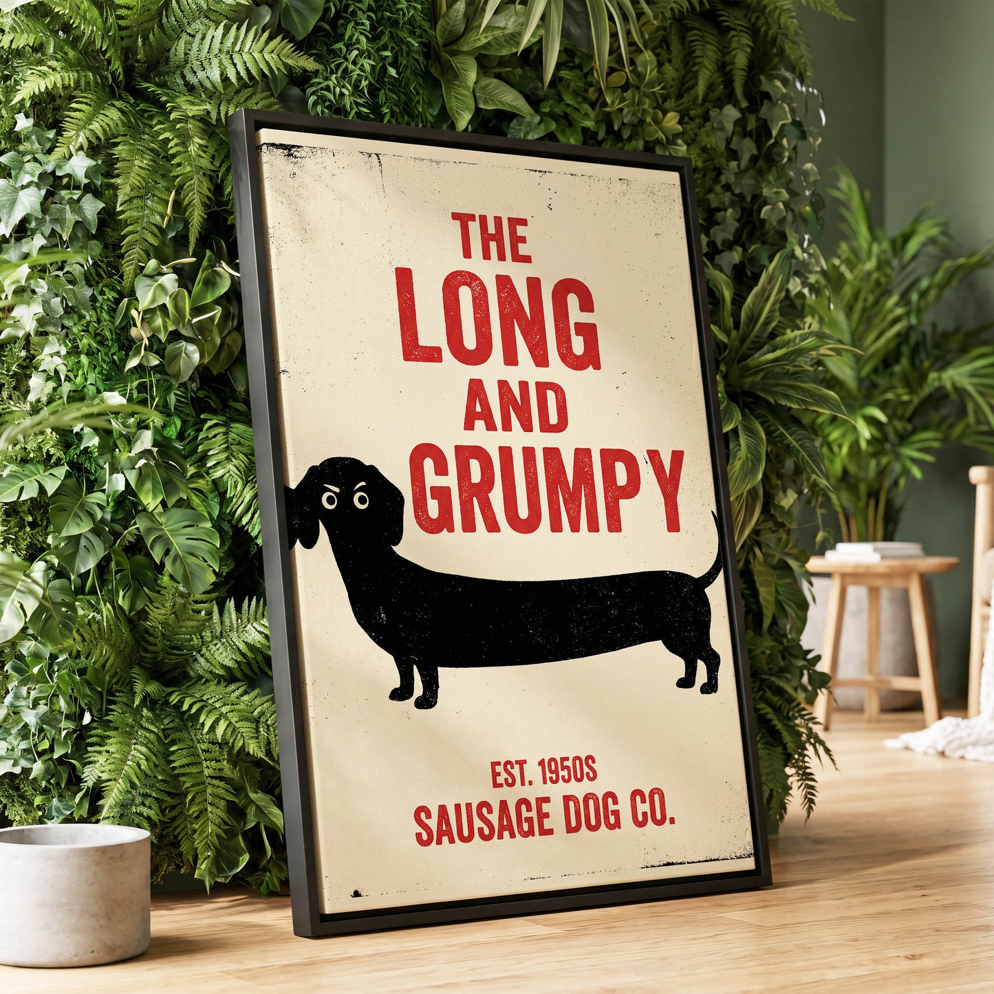 Long & Grumpy, black, beige, red minimalist wall art displayed in a styled interior, gallery view 1