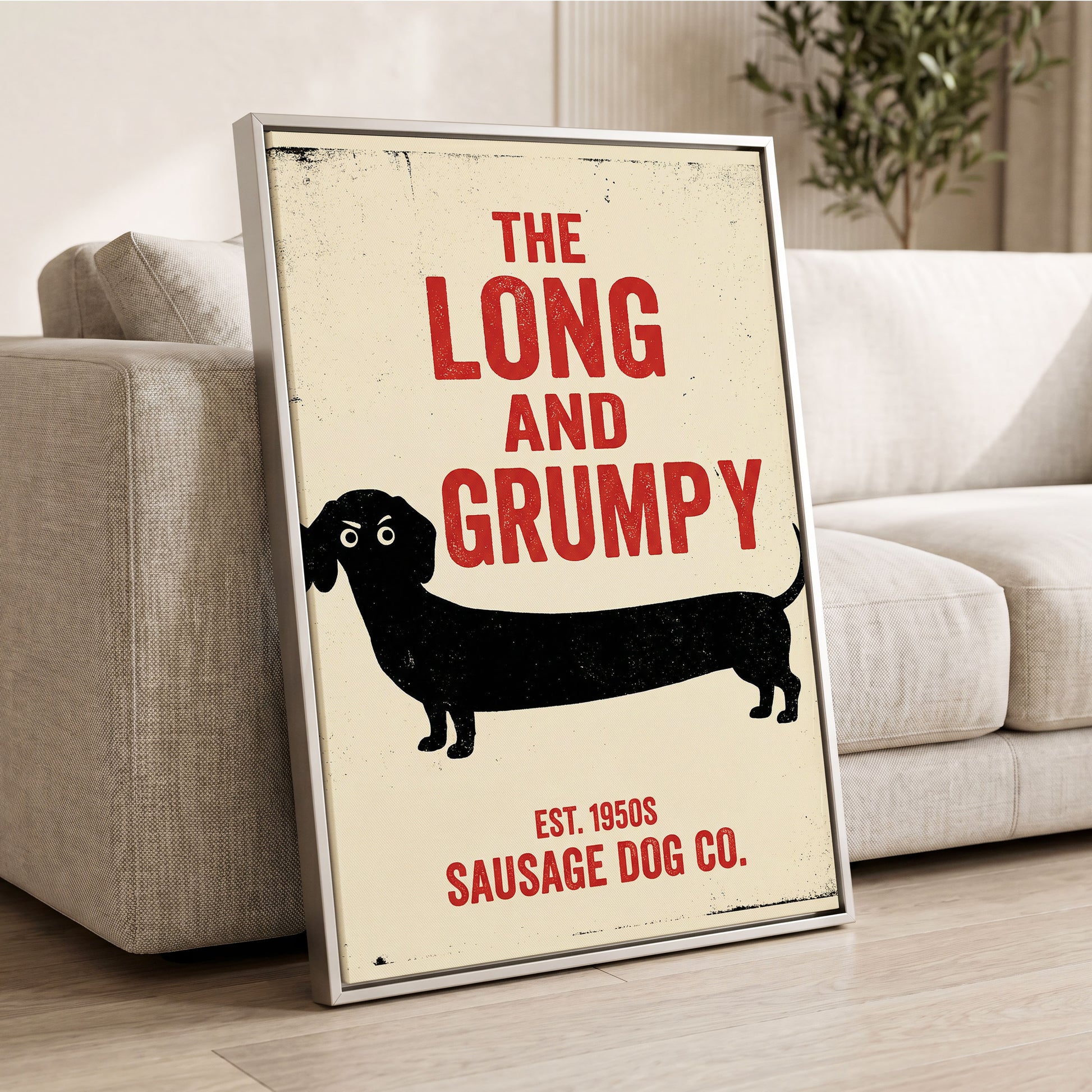 Long & Grumpy, black, beige, red minimalist wall art displayed in a styled interior, gallery view 2