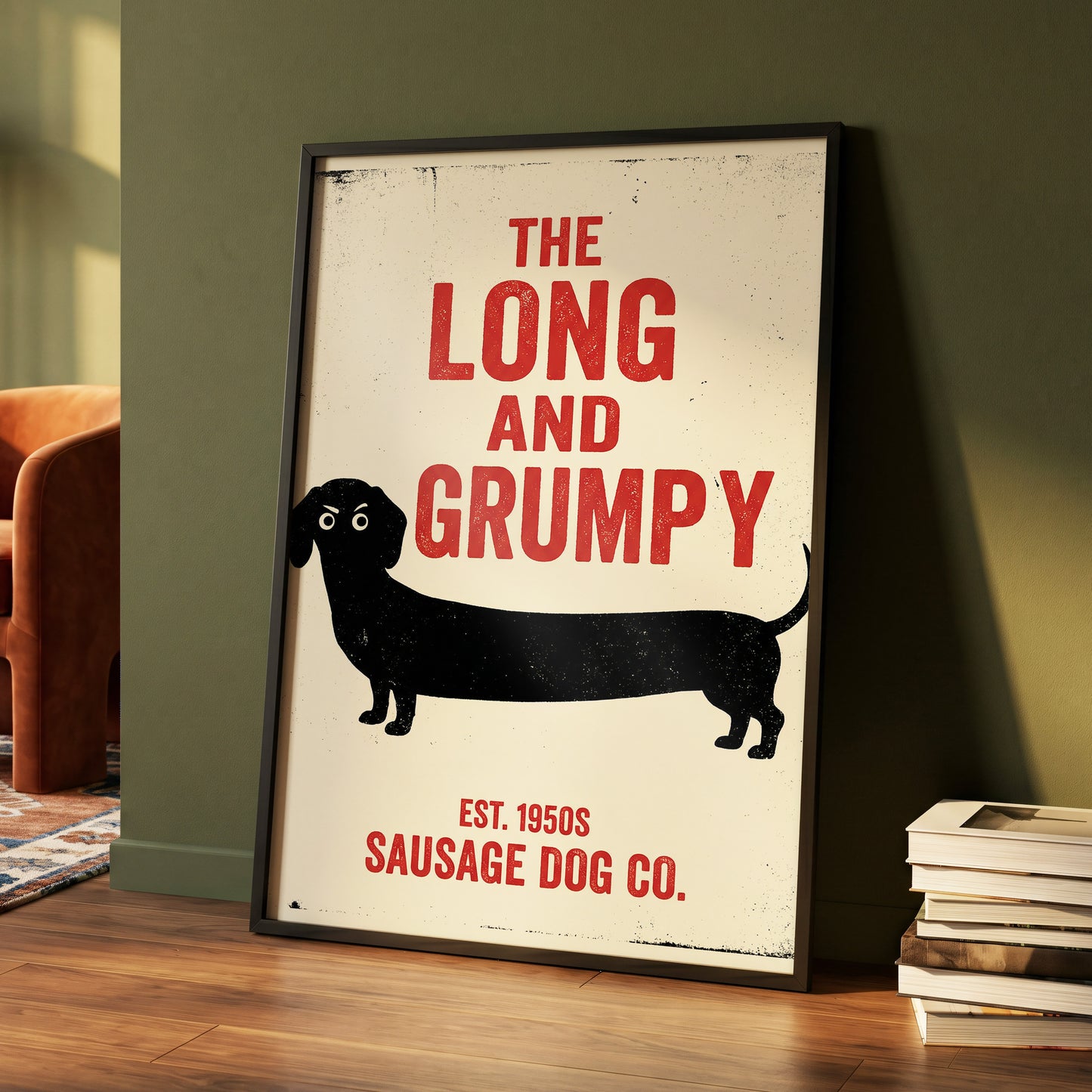 Long & Grumpy, black, beige, red minimalist wall art displayed in a styled interior, gallery view 4