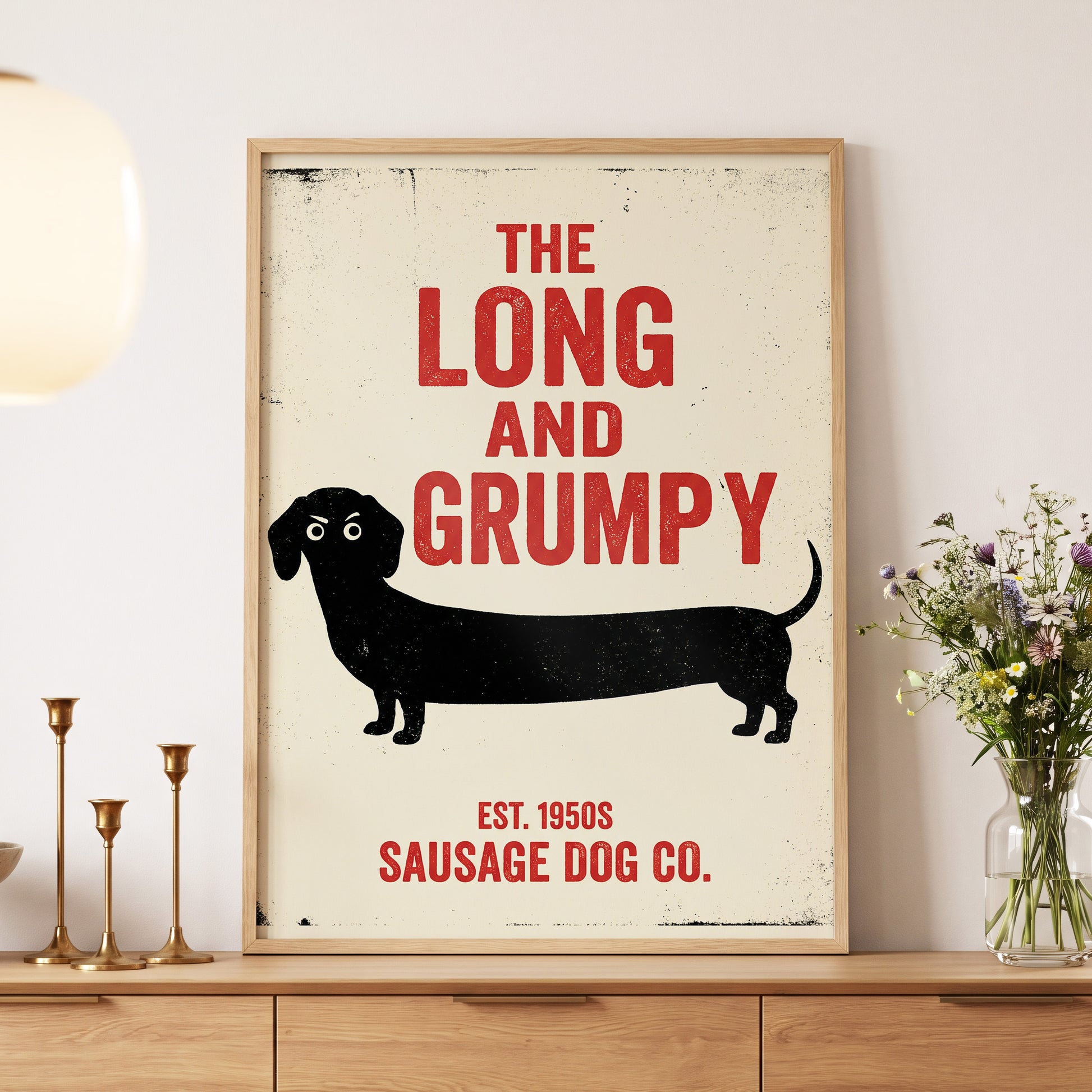 Long & Grumpy, black, beige, red minimalist wall art displayed in a styled interior, gallery view 5