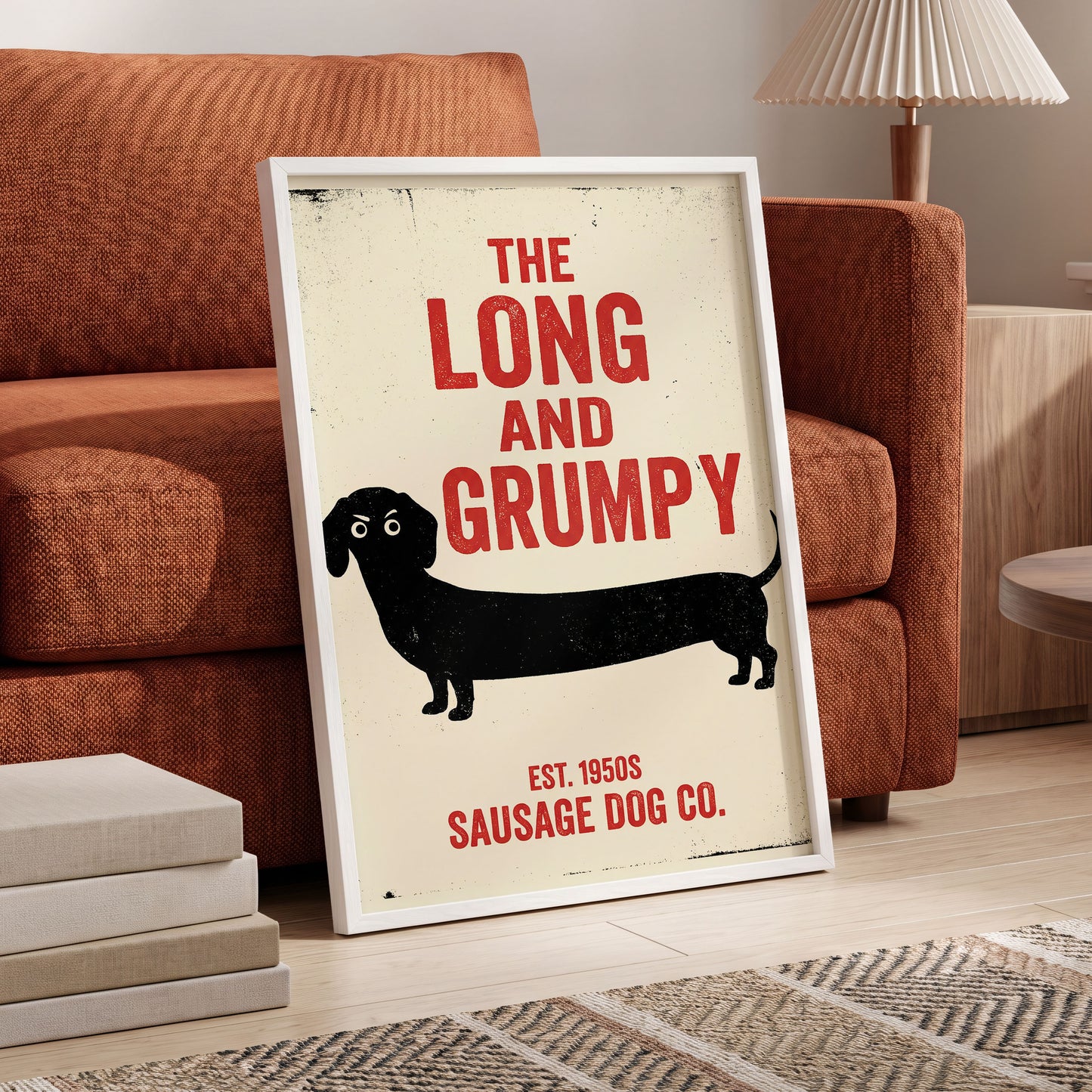Long & Grumpy, black, beige, red minimalist wall art displayed in a styled interior, gallery view 6