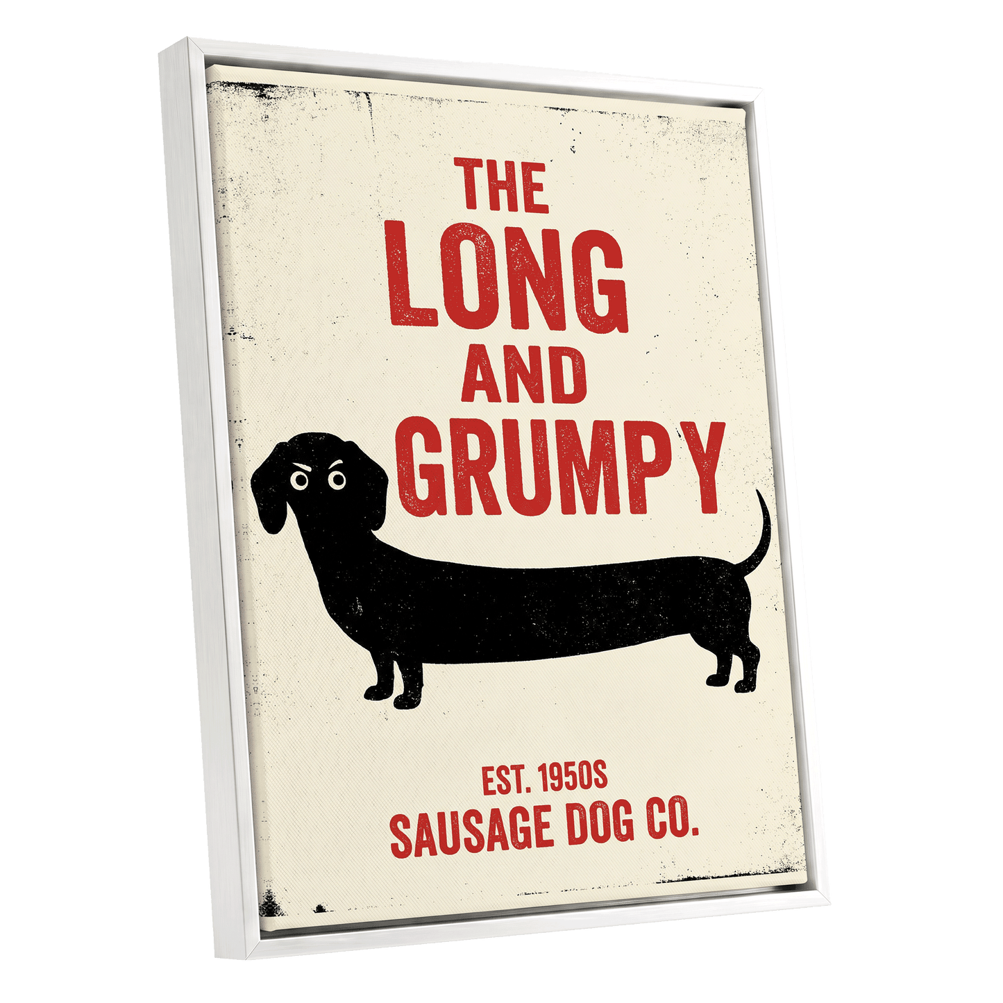 Long & Grumpy, black, beige, red minimalist wall art shown as a white framed canvas wall art