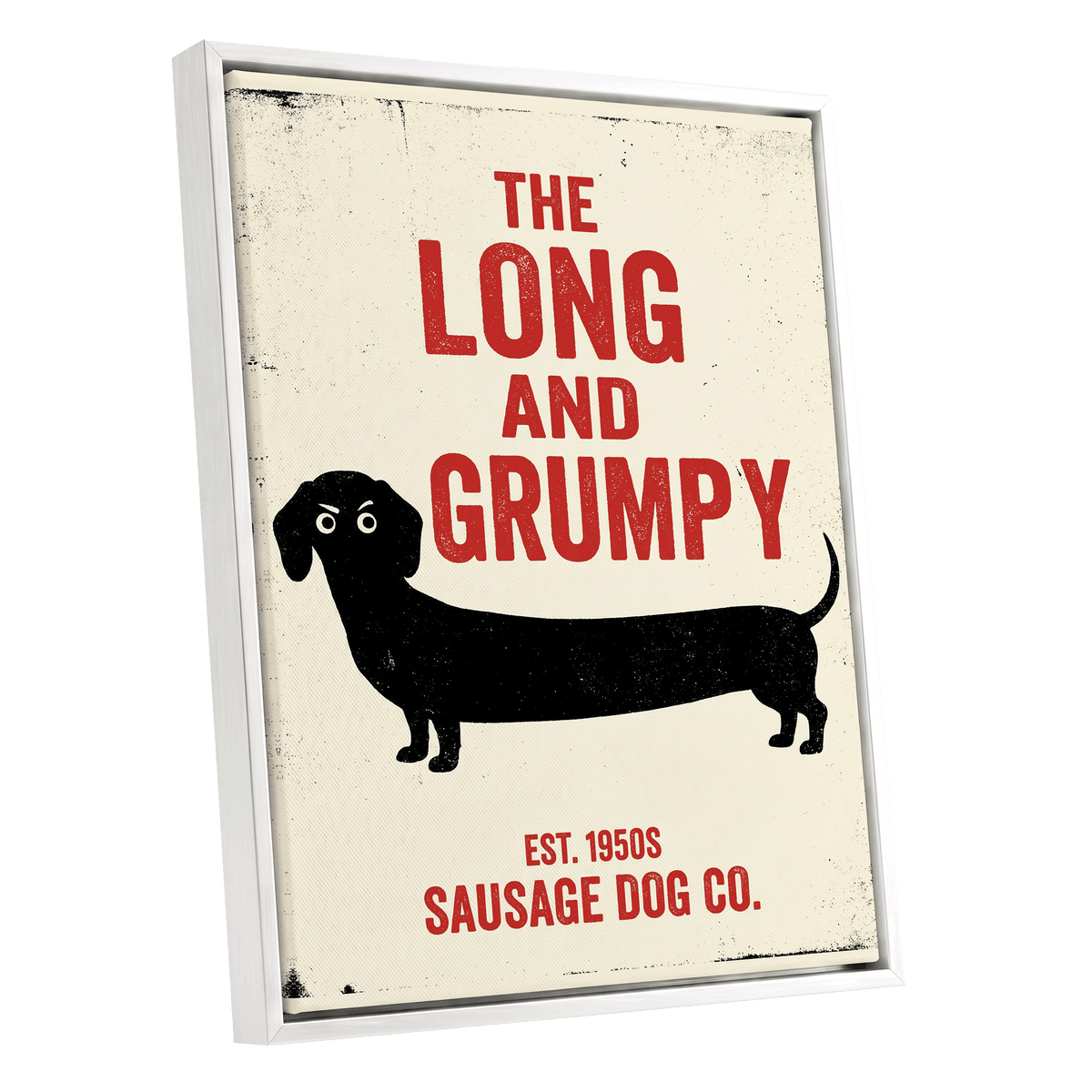 Long & Grumpy, black, beige, red minimalist wall art shown as a white framed canvas wall art