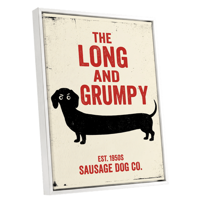 Long & Grumpy, black, beige, red minimalist wall art shown as a white framed canvas wall art