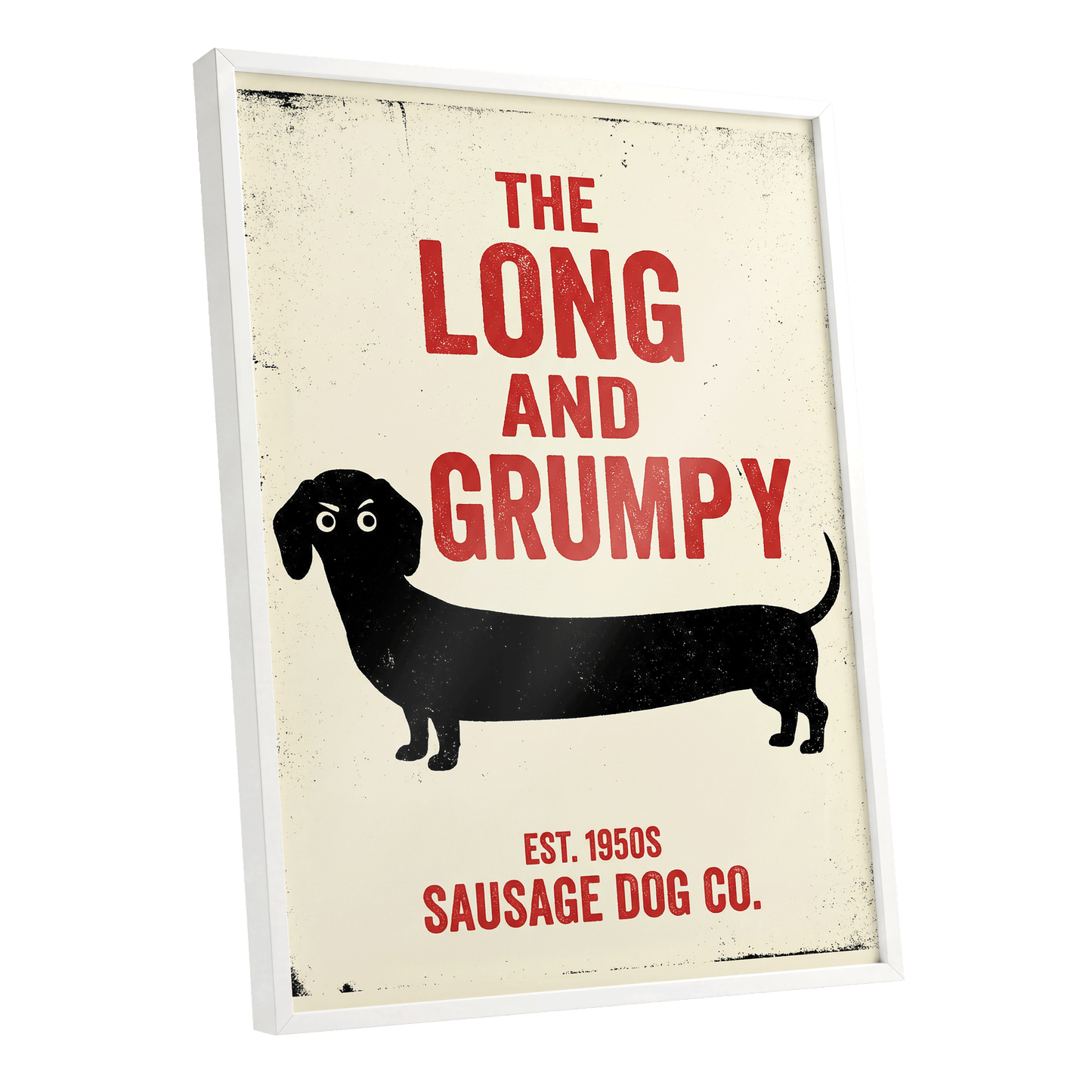Long & Grumpy, black, beige, red minimalist wall art shown as a white framed poster wall art print
