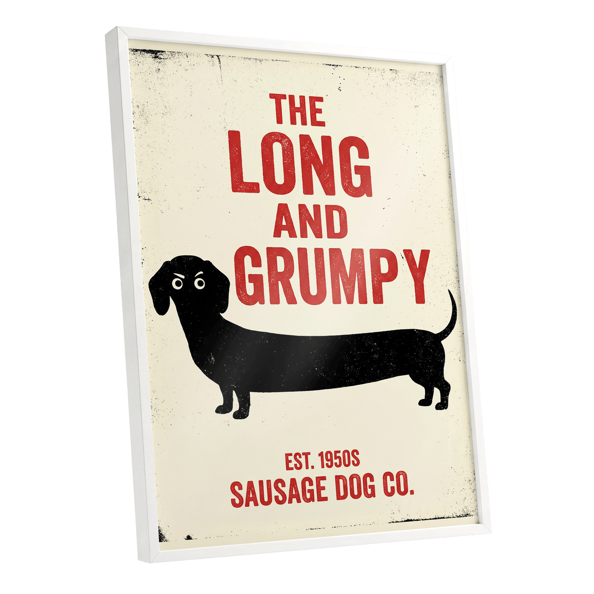 Long & Grumpy, black, beige, red minimalist wall art shown as a white framed poster wall art print