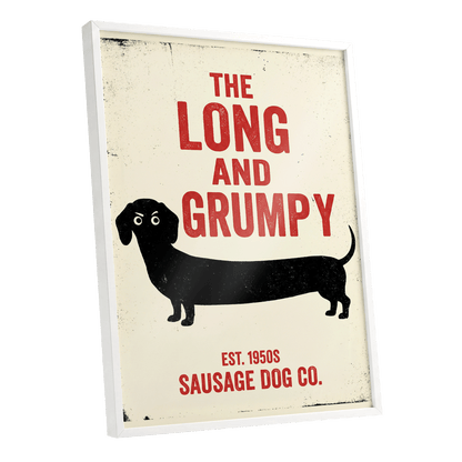 Long & Grumpy, black, beige, red minimalist wall art shown as a white framed poster wall art print